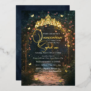 Invitación Con Relieve Metalizado Mariposa de Jardín Dorado Floral Quinceañera