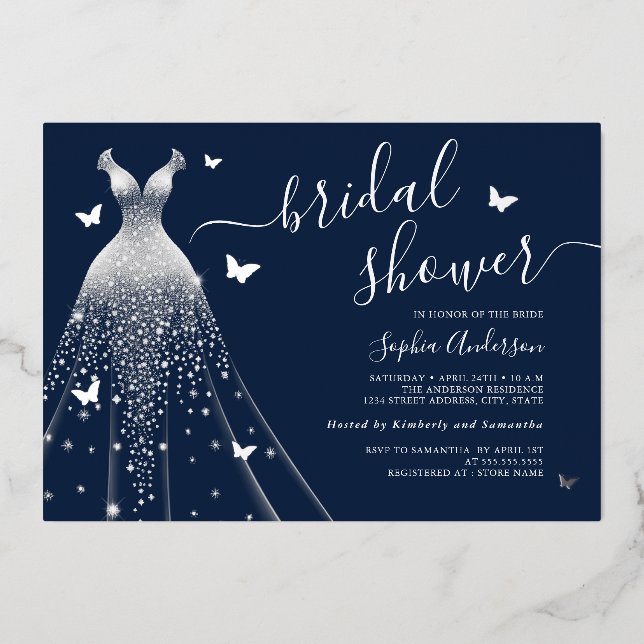 Invitación Con Relieve Metalizado Mariposa de la Marina Esparkle Vestido Bridal Duch (Anverso)