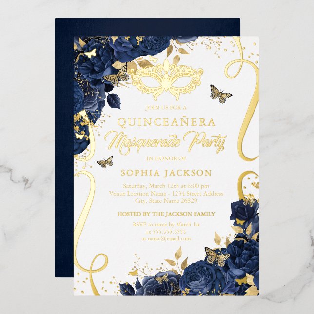 Invitación Con Relieve Metalizado Mariposa de la Marina Real Quinceanera (Anverso/Reverso)