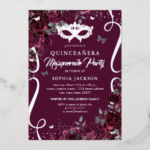 Invitación Con Relieve Metalizado Mariposa de Máscara de Borgoña Plata Quinceañera