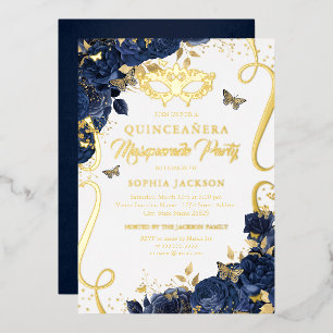 Invitación Con Relieve Metalizado Mariposa de Máscara de la Marina Real Quinceañera