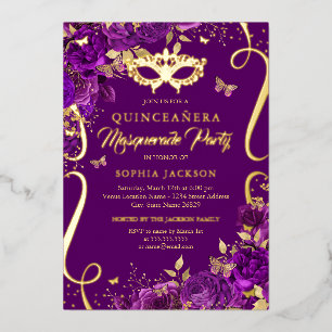 Invitación Con Relieve Metalizado Mariposa de Máscara Quinceañera Púrpura