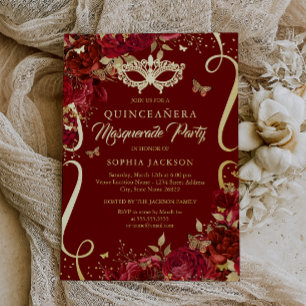 Invitación Con Relieve Metalizado Mariposa de Máscara Roja Real Quinceañera