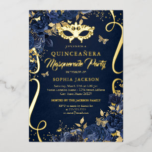 Invitación Con Relieve Metalizado Mariposa de Mascarada Marina Real Quinceañera