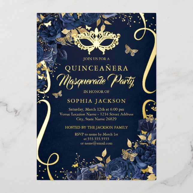 Invitación Con Relieve Metalizado Mariposa de Masquerade Real Marina Quinceanera (Anverso)