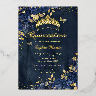 Invitación Con Relieve Metalizado Mariposa de Navy Elegante de Oro Quinceañera