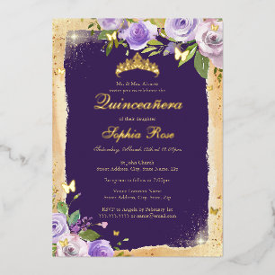 Invitación Con Relieve Metalizado Mariposa de Oro Púrpura Rosa Floral Quinceañera