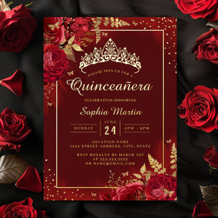 Invitación Con Relieve Metalizado Mariposa de Oro Rojo Quinceañera Floral