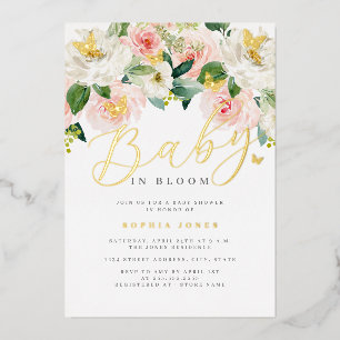 Invitación Con Relieve Metalizado Mariposa de oro rosa florece chicas baby shower