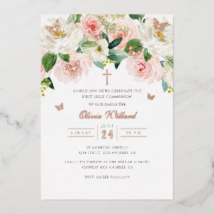 Invitación Con Relieve Metalizado Mariposa de oro rosa niñas primera comunión foil