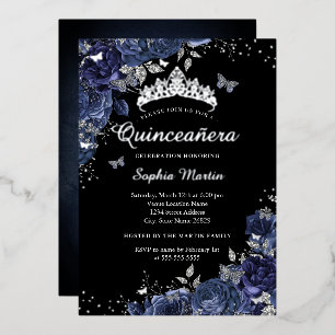 Invitación Con Relieve Metalizado Mariposa de Plata Floral Azul Marino Quinceañera
