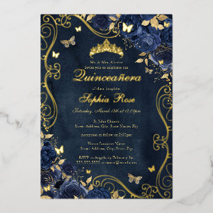 Invitación Con Relieve Metalizado Mariposa de remolino dorado floral Quinceanera azu