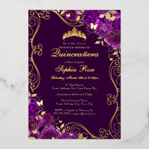 Invitación Con Relieve Metalizado Mariposa de remolino floral púrpura Quinceañera