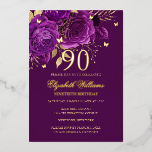 Invitación Con Relieve Metalizado Mariposa de Rosa de Oro Púrpura Cumpleaños 90