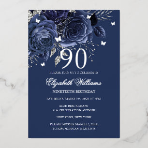 Invitación Con Relieve Metalizado Mariposa de Rosa Plateada de la Marina para 90 Cum