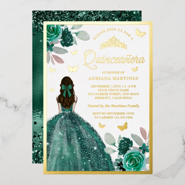 Invitación Con Relieve Metalizado Mariposa de salsa verde esmeralda Quinceanera Gold (Anverso/Reverso)