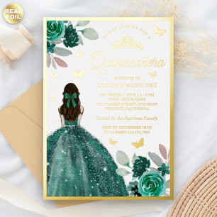 Invitación Con Relieve Metalizado Mariposa de salsa verde esmeralda Quinceanera Gold