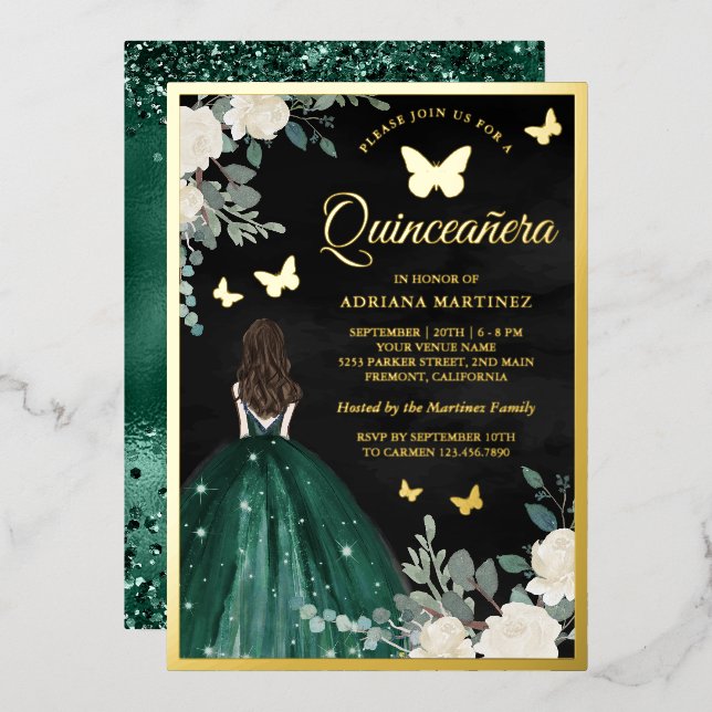 Invitación Con Relieve Metalizado Mariposa de traje de esmeralda Black Quinceanera G (Anverso/Reverso)