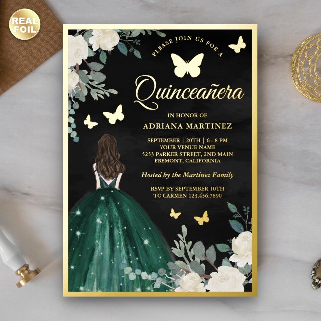 Invitación Con Relieve Metalizado Mariposa de traje de esmeralda Black Quinceanera G (Subido por el creador)