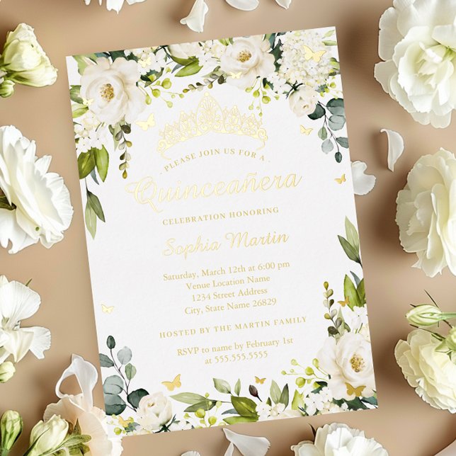 Invitación Con Relieve Metalizado Mariposa dorada Champagne Floral Quinceanera (Subido por el creador)