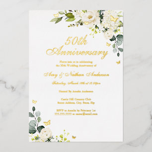 Invitación Con Relieve Metalizado Mariposa Dorada Floral 50 Aniversario de Boda