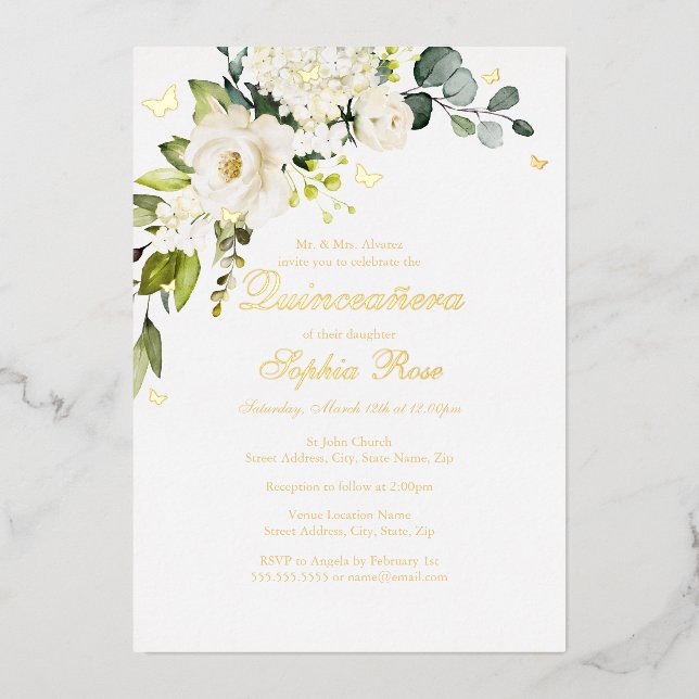 Invitación Con Relieve Metalizado Mariposa dorada floral de champán Quinceanera (Anverso)