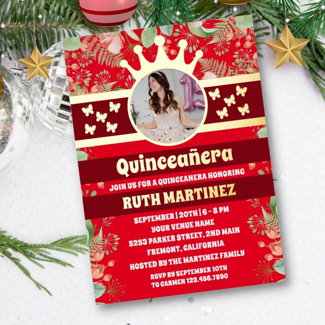 Invitación Con Relieve Metalizado Mariposa dorada floral roja Quinceanera Fiesta (Subido por el creador)