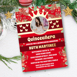 Invitación Con Relieve Metalizado Mariposa dorada floral roja Quinceanera Fiesta