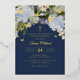 Invitación Con Relieve Metalizado Mariposa Dorada Navy Niños Primera Comunión Hologr