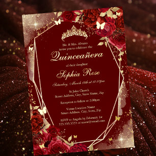 Invitación Con Relieve Metalizado Mariposa Dorada Roja Quinceañera Floral