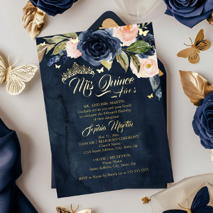 Invitación Con Relieve Metalizado Mariposa dorada rosa naval Mis Quince Quinceañera
