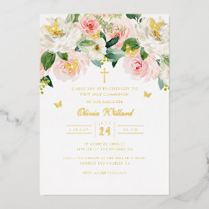 Invitación Con Relieve Metalizado Mariposa Dorada Rosa Niñas Primera Comunión Foil