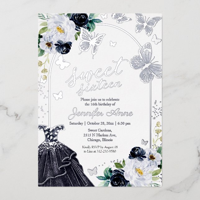 Invitación Con Relieve Metalizado Mariposa dulce Dieciséis vestido azul oscuro Plata (Anverso)