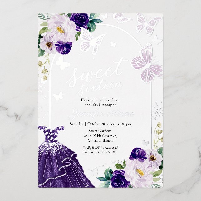 Invitación Con Relieve Metalizado Mariposa dulce Dieciséis vestido morado oscuro Pla (Anverso)