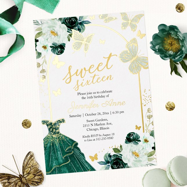 Invitación Con Relieve Metalizado Mariposa dulce dieciséis vestido verde esmeralda o (Subido por el creador)