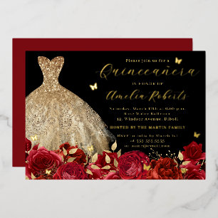 Invitación Con Relieve Metalizado Mariposa elegante de color rojo dorado vestido neg
