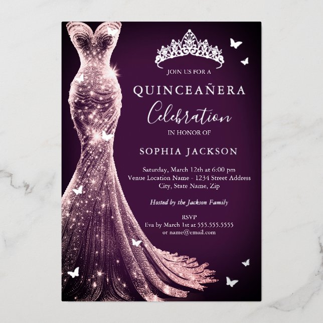 Invitación Con Relieve Metalizado Mariposa elegante de Plata Púrpura Rosa Quinceaner (Anverso)