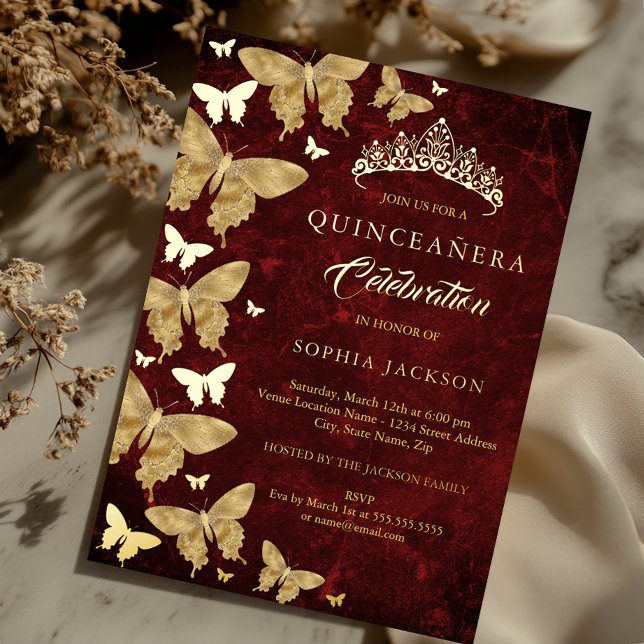 Invitación Con Relieve Metalizado Mariposa elegante de Ruby Red Gold Quinceanera (Subido por el creador)
