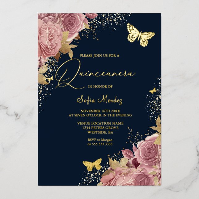 Invitación Con Relieve Metalizado Mariposa encantada Marina Fiesta Quinceanera Golde (Anverso)