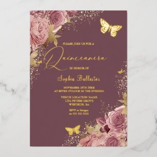 Invitación Con Relieve Metalizado Mariposa Encantada Sophia Quinceañera Dorada