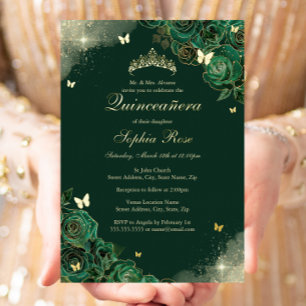 Invitación Con Relieve Metalizado Mariposa Esmeralda Dorada Quinceañera Floral