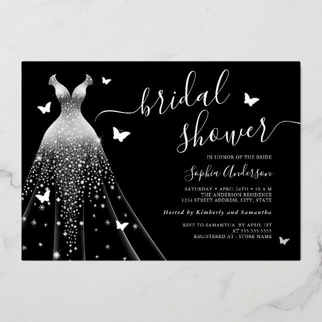 Invitación Con Relieve Metalizado Mariposa Esparkle Vestido Británico Ducha (Anverso)
