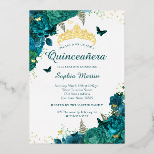 Invitación Con Relieve Metalizado Mariposa Flor de Ciel Elegante Quinceañera 