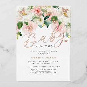 Invitación Con Relieve Metalizado Mariposa Flor de Rosa Dorado Rosa Cumpleaños de Ni