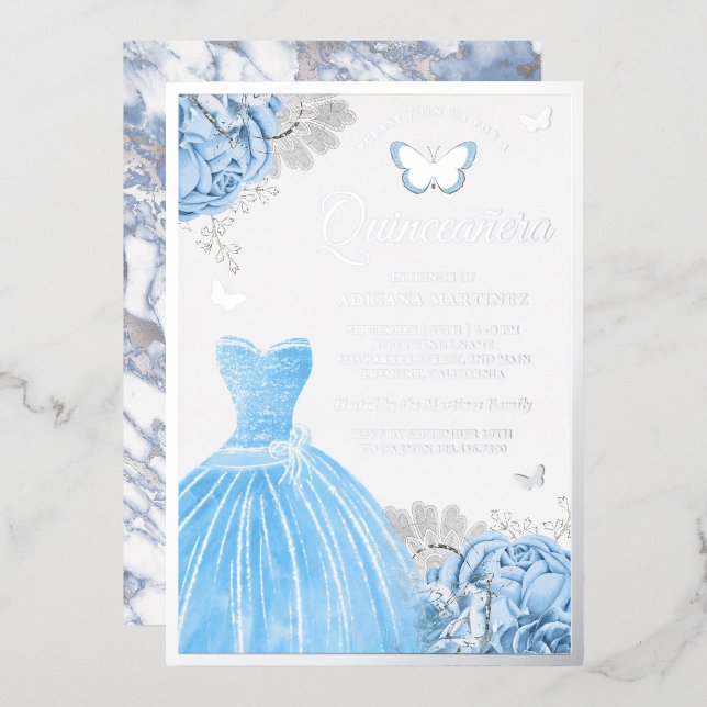Invitación Con Relieve Metalizado Mariposa floral azul bebé Quinceanera Silver (Anverso/Reverso)
