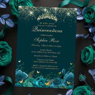 Invitación Con Relieve Metalizado Mariposa floral azul Verde azulada de oro Tiara Qu
