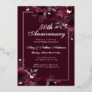 Invitación Con Relieve Metalizado Mariposa Floral Borgoña 50 Aniversario de Boda