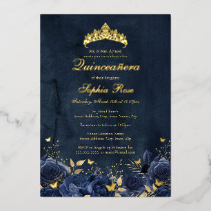 Invitación Con Relieve Metalizado Mariposa floral de cumpleaños Marina Tiara Quincea
