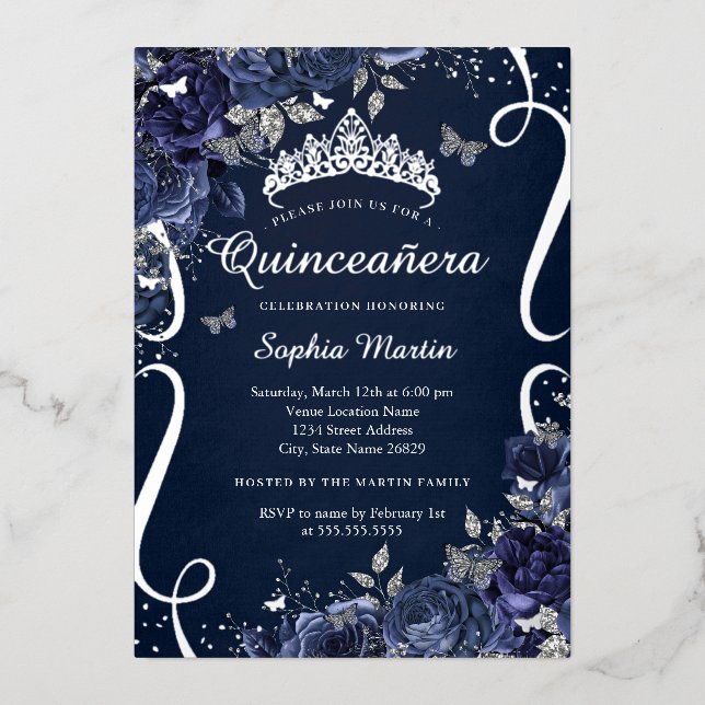 Invitación Con Relieve Metalizado Mariposa floral de la Marina Real Quinceanera (Anverso)
