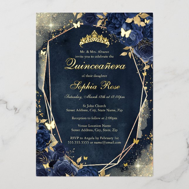 Invitación Con Relieve Metalizado Mariposa floral de oro de la marina Quinceanera (Anverso)